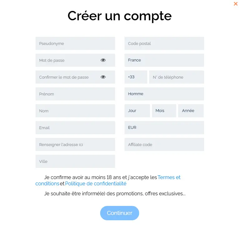 Processus d'inscription WIN VEGAS PLUS CASINO